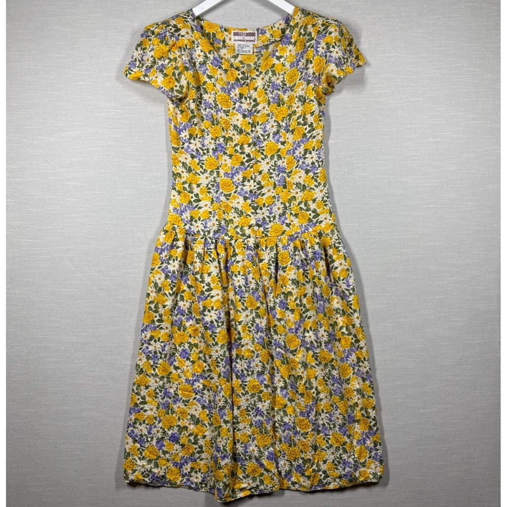 Vintage Maggy London Dress Womens 6 Yellow Button Up Pleated Romantic 80s Silk